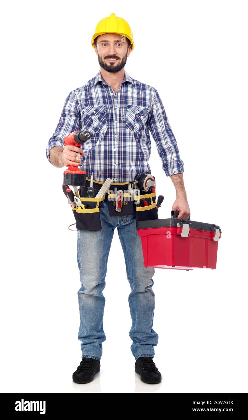 Handyman with drill and toolbox Stock Photo - Alamy