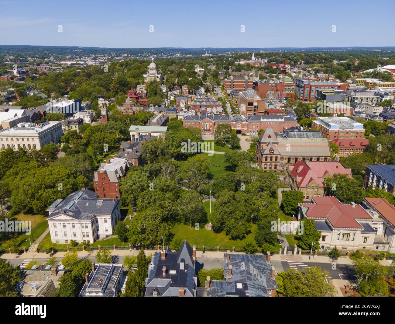 Brown University College Green aerial view on College Hill in