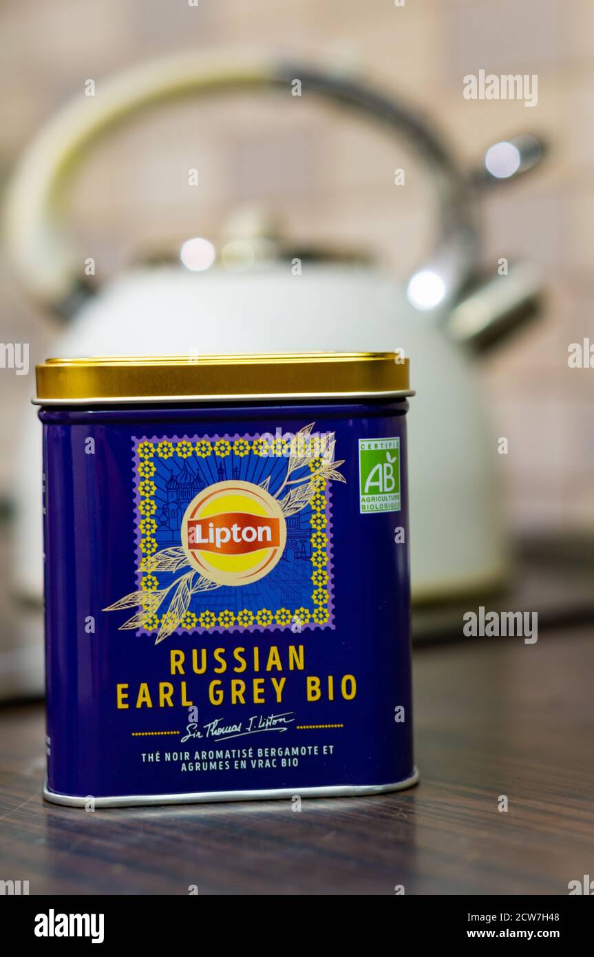 POZNAN, POLAND Sep 12, 2020 Lipton Russian Earl Grey Bio tea in a metal can on a wooden