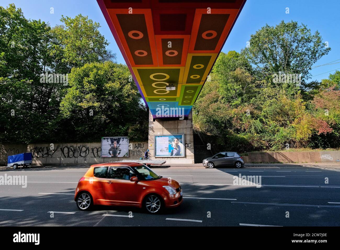 The Lego Bridge 2.0 or Rainbow Bridge is a concrete beam bridge over Wuppertal-Langerfeld. Developed by graffiti and streetart artist Martin Heuwold Stock Photo