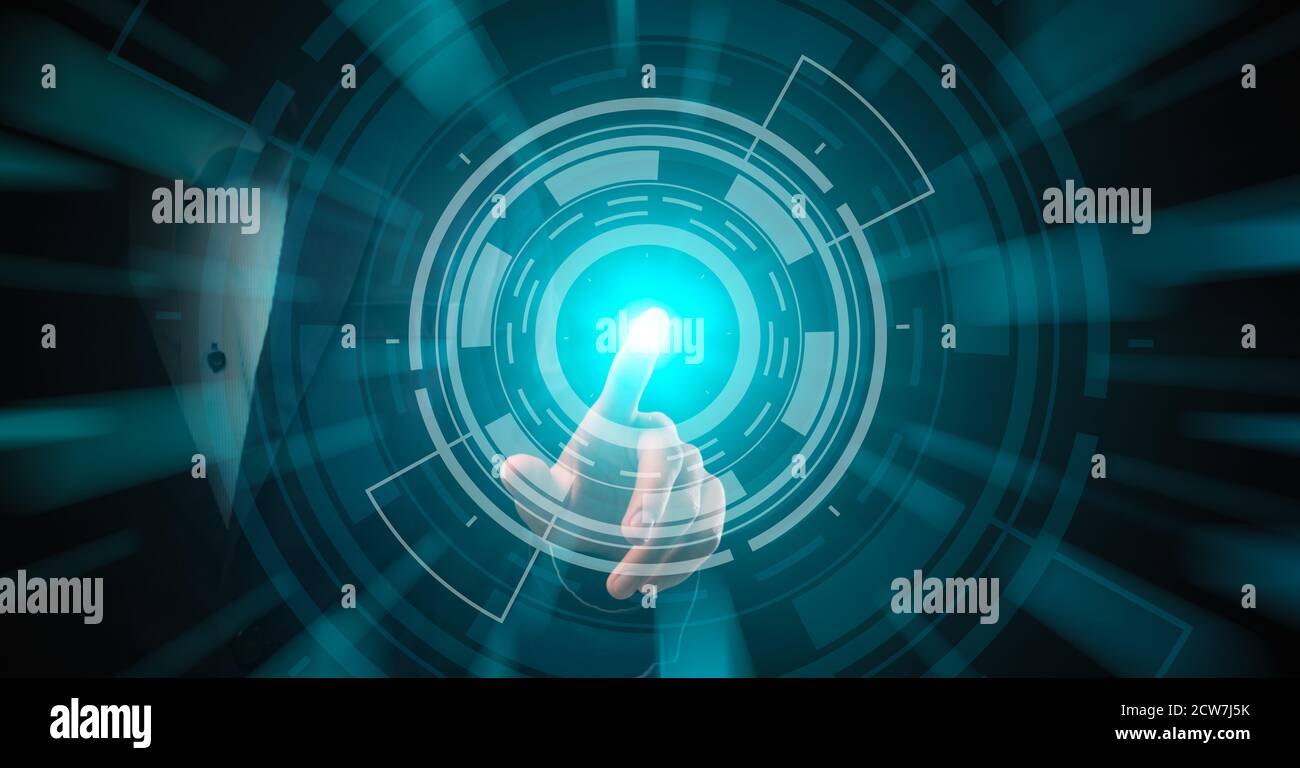 Unrecognizable businessman touching virtual panel with finger Stock Photo