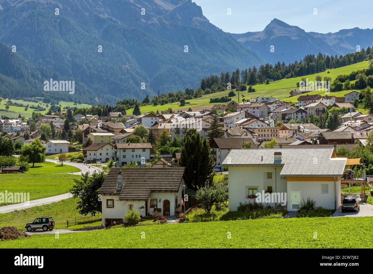 A glimpse of Müstair, in Val Monastero in the Canton of Grisons, Switzerland, on a sunny day Stock Photo