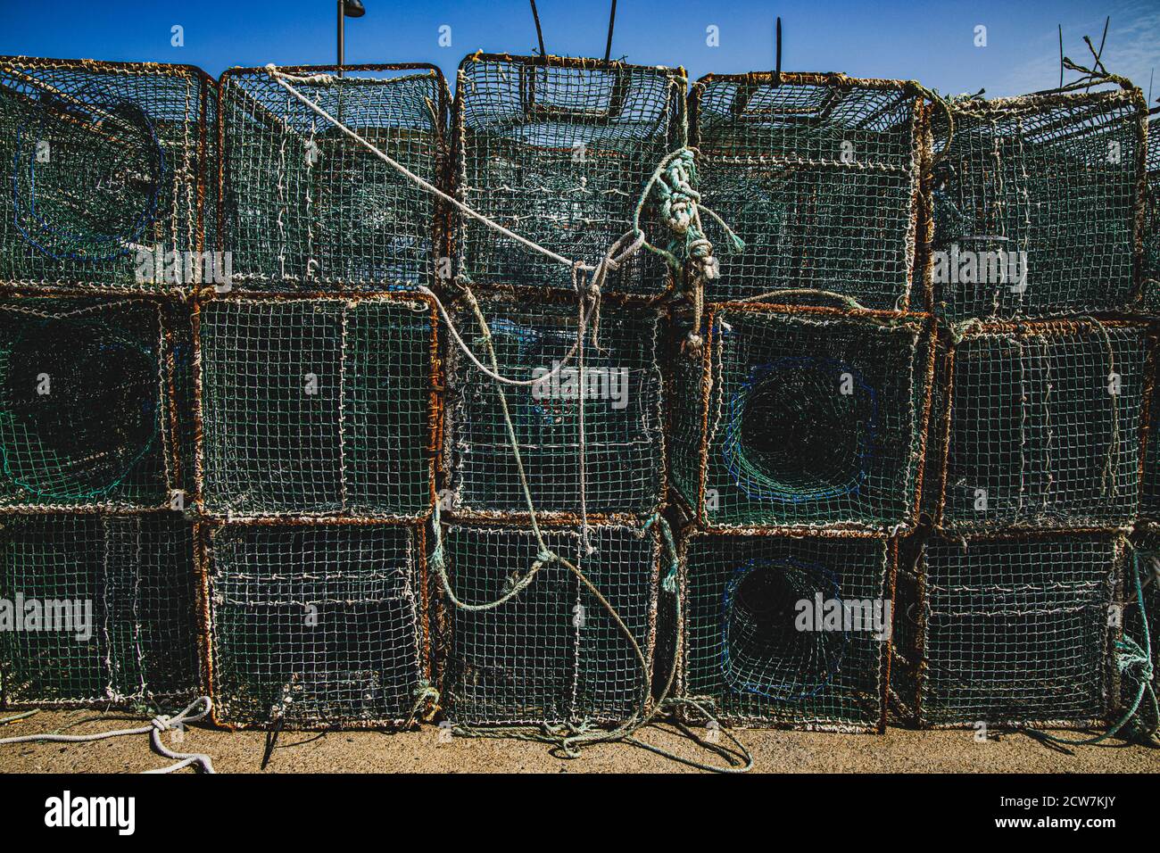 Commercial fish traps on a harbour in Catalonia, Spain Stock Photo