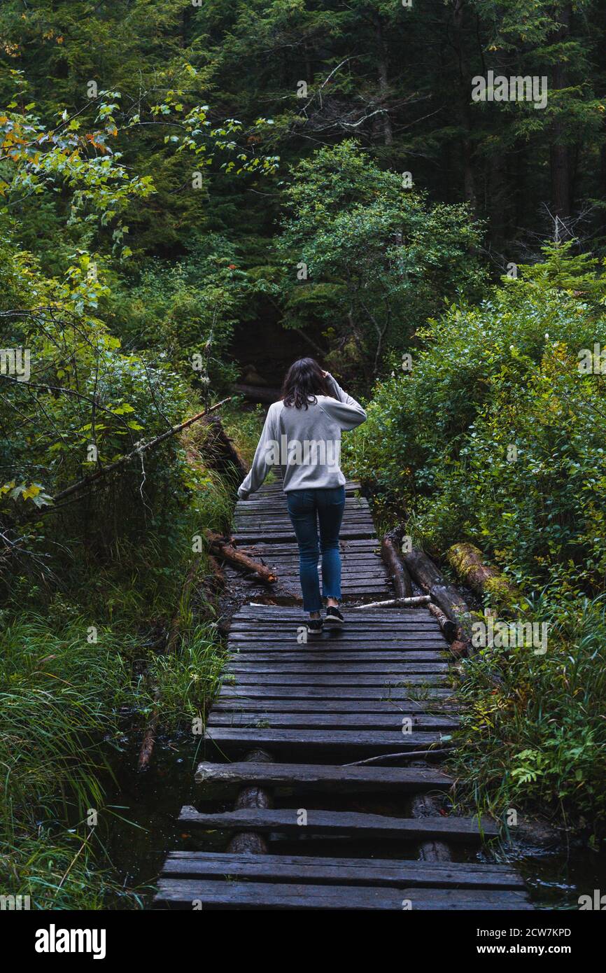 A young woman on a hike in the rain in the Adirondacks Stock Photo - Alamy