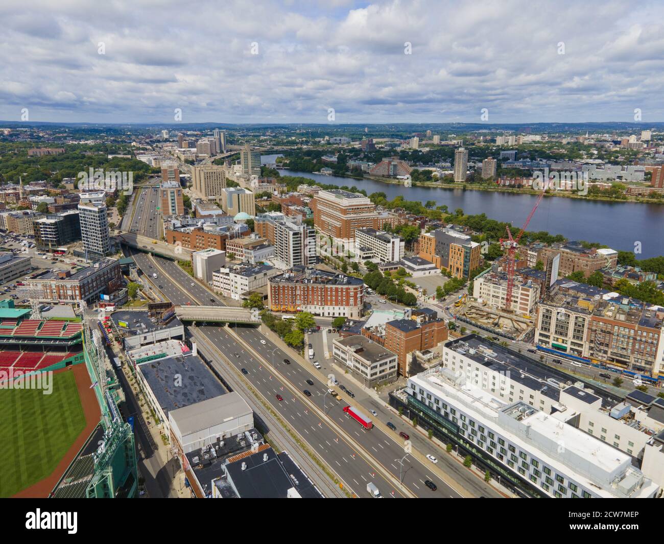 Boston Kenmore Square, Boston University, Charles River and Interstate Highway I-90 aerial view, Boston, Massachusetts MA, USA. Stock Photo