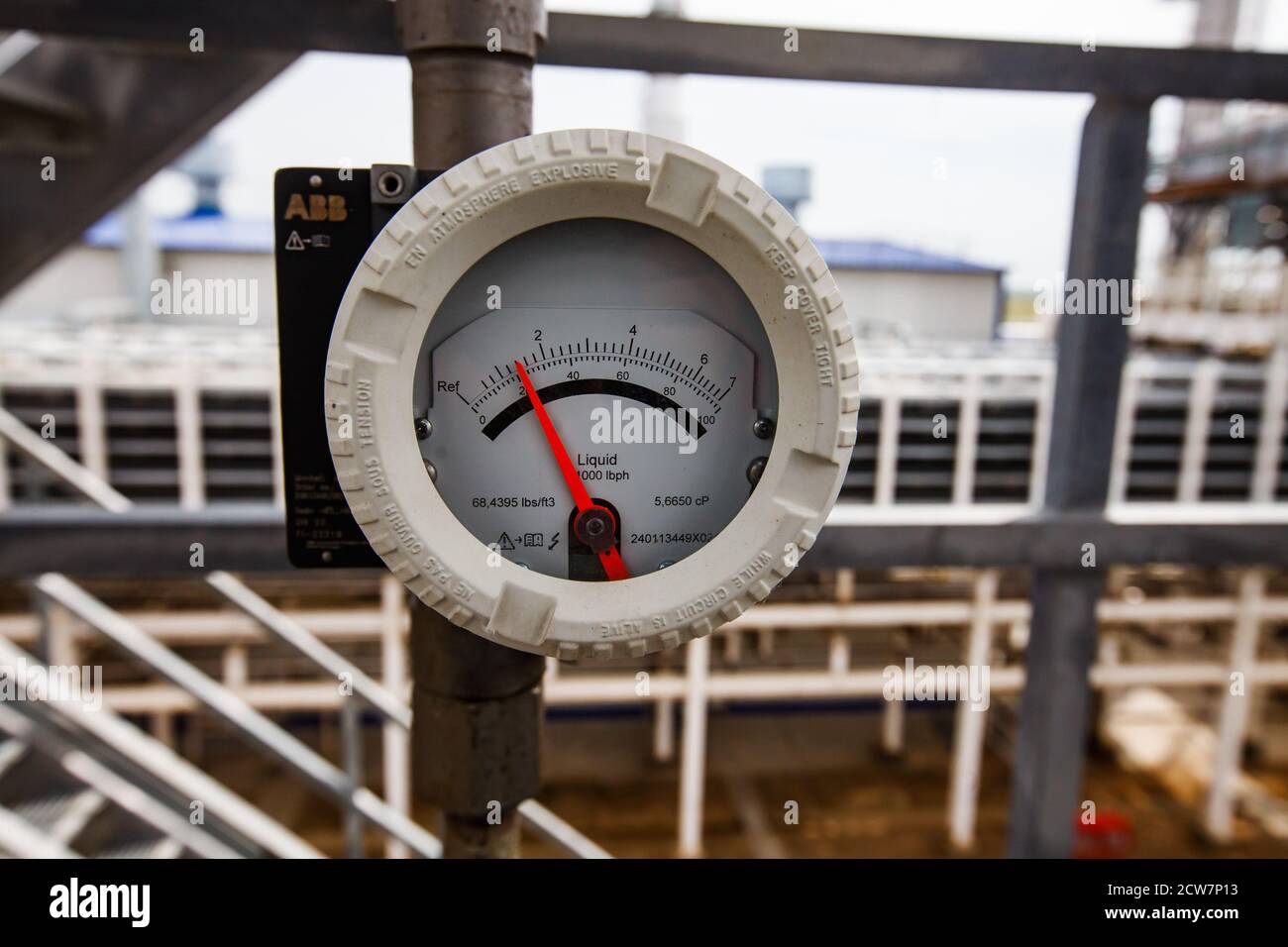 Zhaik-Munai oil deposit, Kazakhstan. Oil refinery plant. ABB lbs (pounds) per hour special meter. Stock Photo