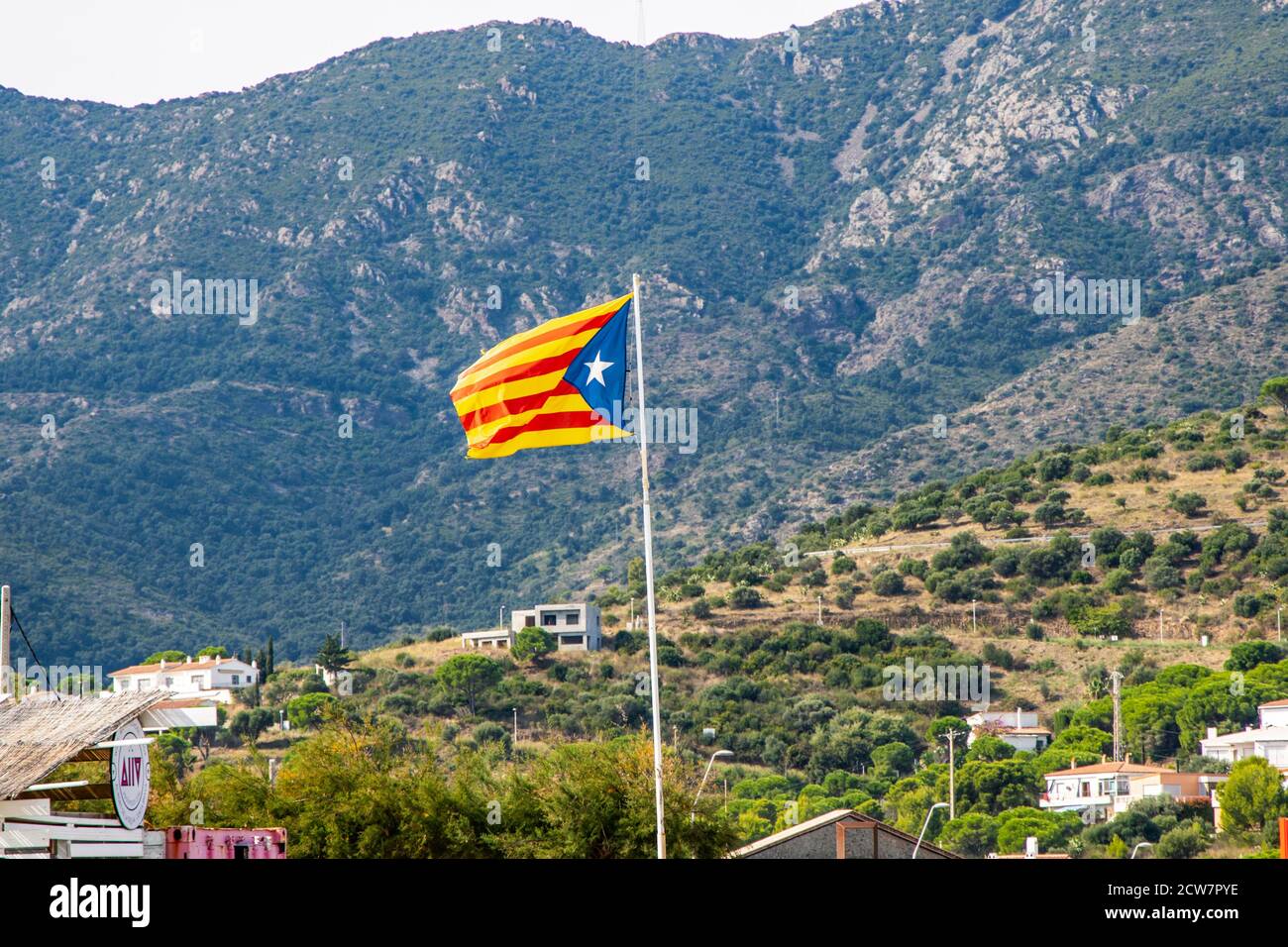 Catalan independence flag, Estelada, being flown in Puerto de la Selva, Catalonia, Spain Stock Photo