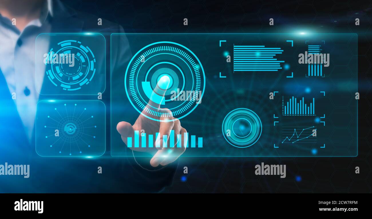 Unrecognizable man touching virtual panel with finger Stock Photo