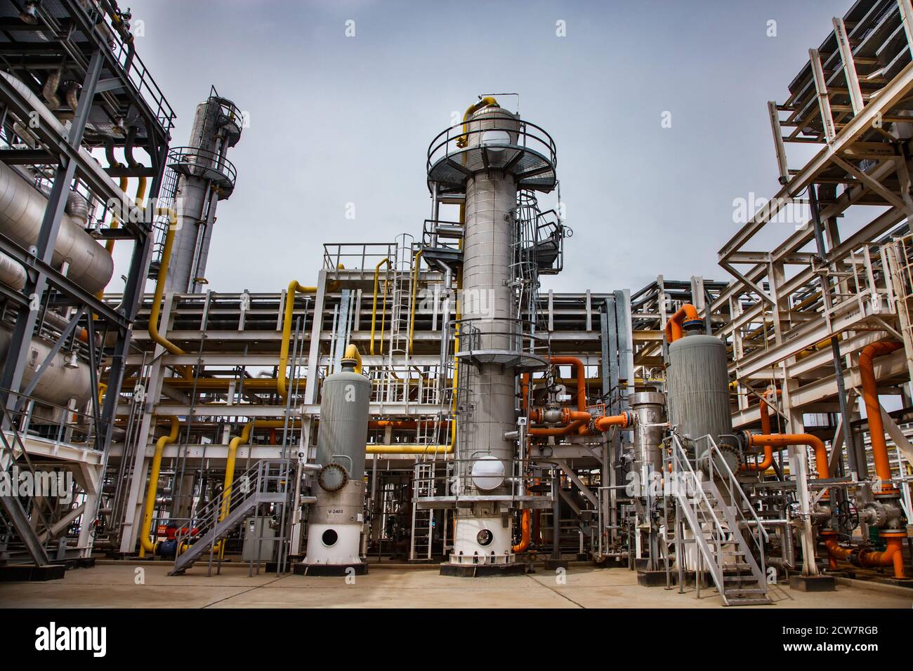 Oil refinery and gas processing plant. Distillation tower (refining