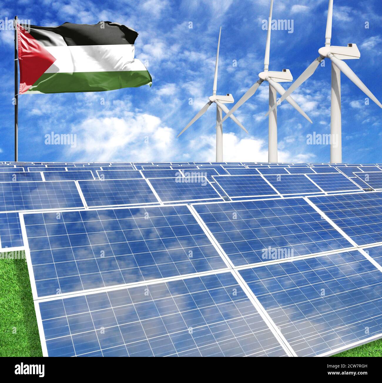 Solar panels on the background of a flagpole with the flag of Palestine ...