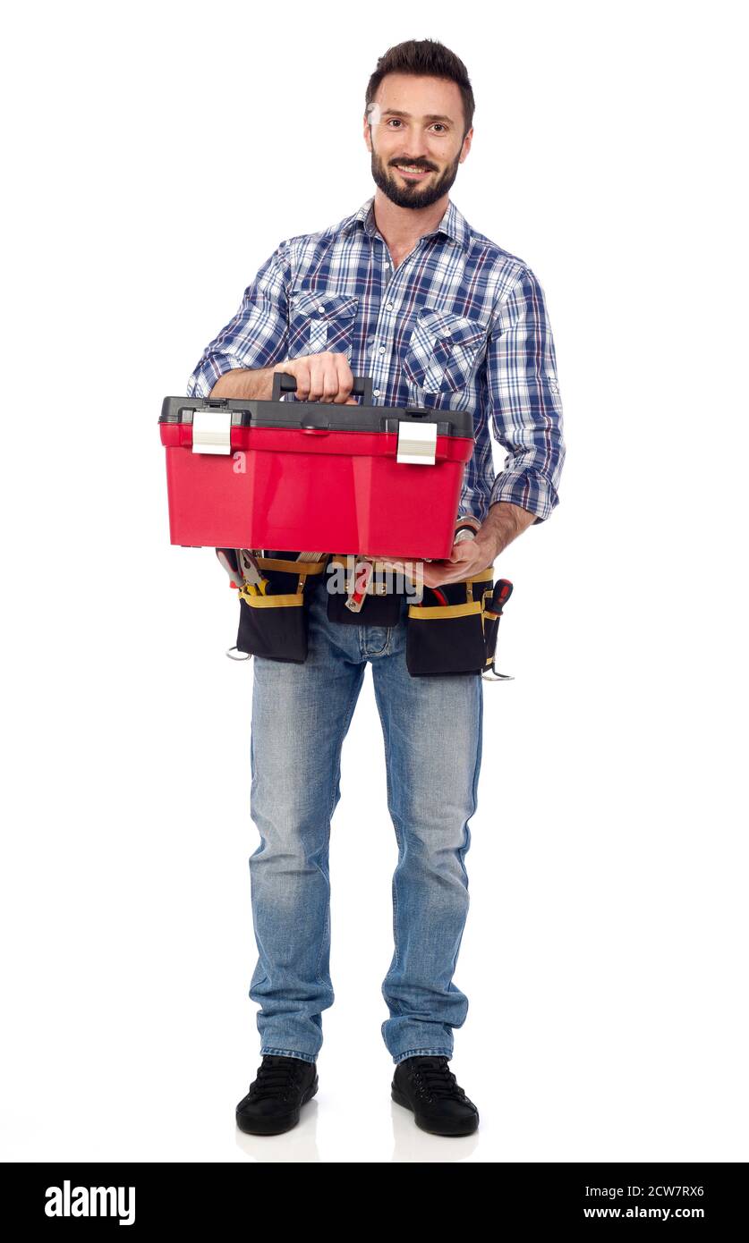 Handyman with toolbox on white background Stock Photo - Alamy