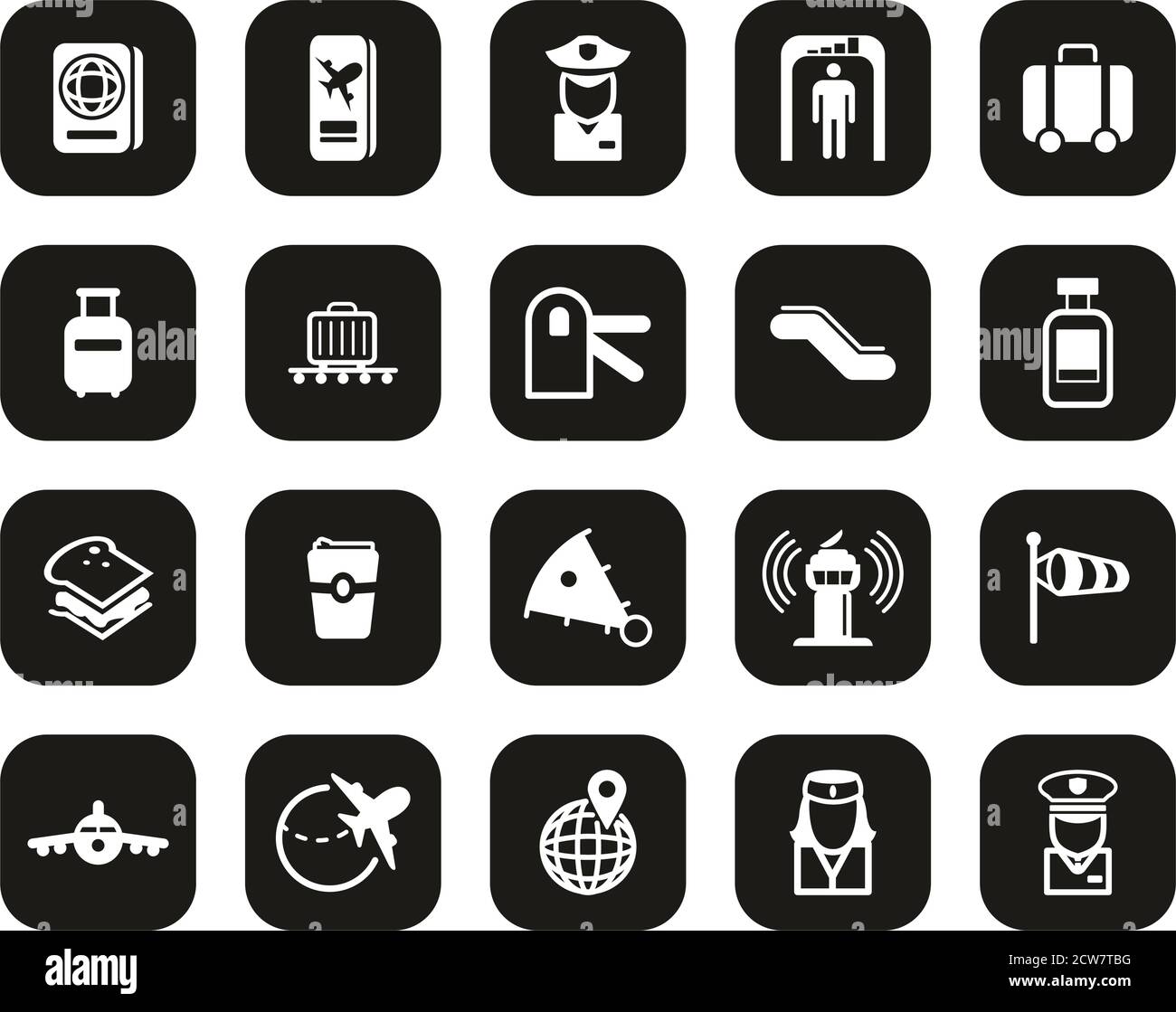 Airport Icons White On Black Flat Design Set Big Stock Vector Image ...