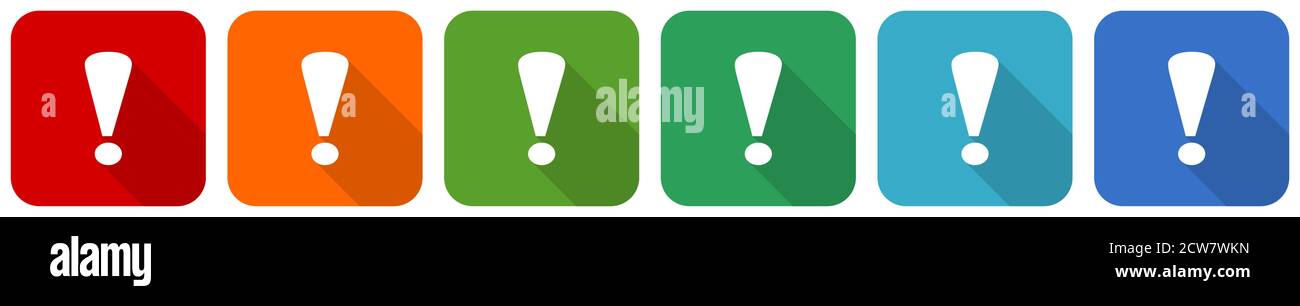 Exclamation sign icon set, flat design vector illustration in 6 colors ...