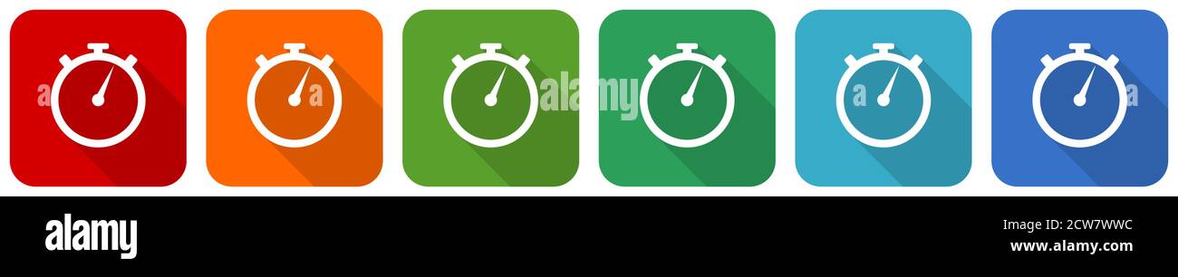 stopwatch icon set, flat design vector illustration in 6 colors options ...