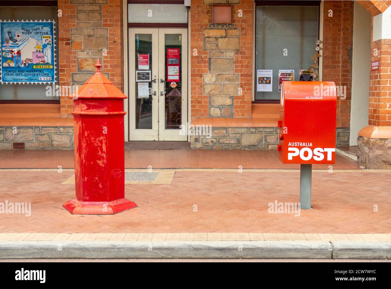 Australia Post modern and traditional red mailboxes in front of York Post Office on Avon Terrace York Western Australia. Stock Photo