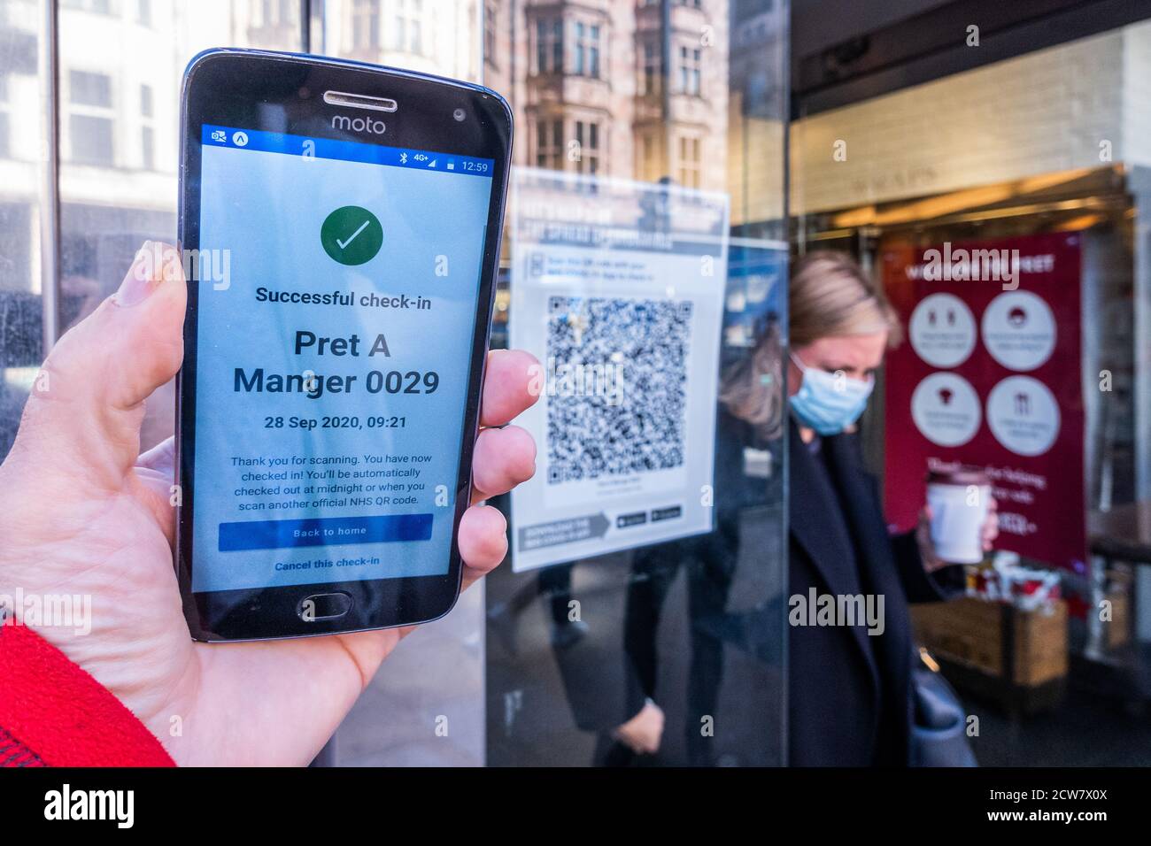 London, UK. 28th Sep, 2020. Checking in using the NHS track and trace app at Pret A Manger as the Coronavirus Lockdown restrictions increase. Credit: Guy Bell/Alamy Live News Stock Photo
