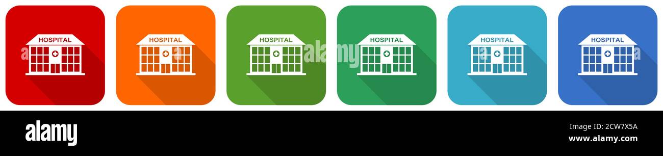 Hospital building icon set, flat design vector illustration in 6 colors ...