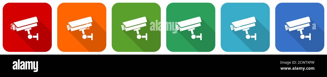 Cctv camera icon set, flat design vector illustration in 6 colors options for webdesign and mobile applications Stock Vector