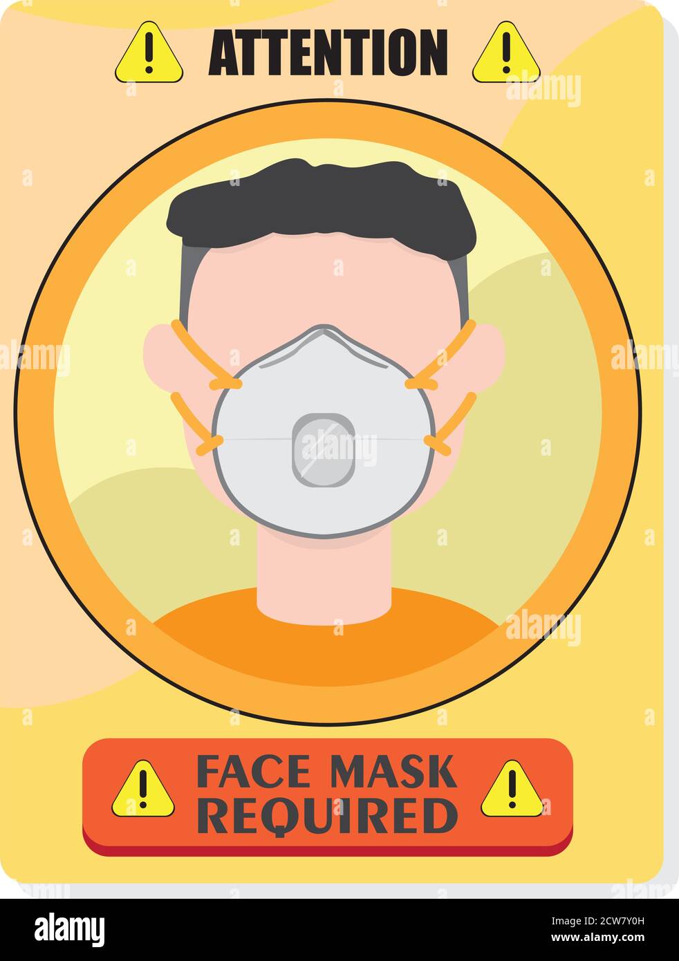 Face mask required poster. Man wearin a face mask. Covid19 prevention