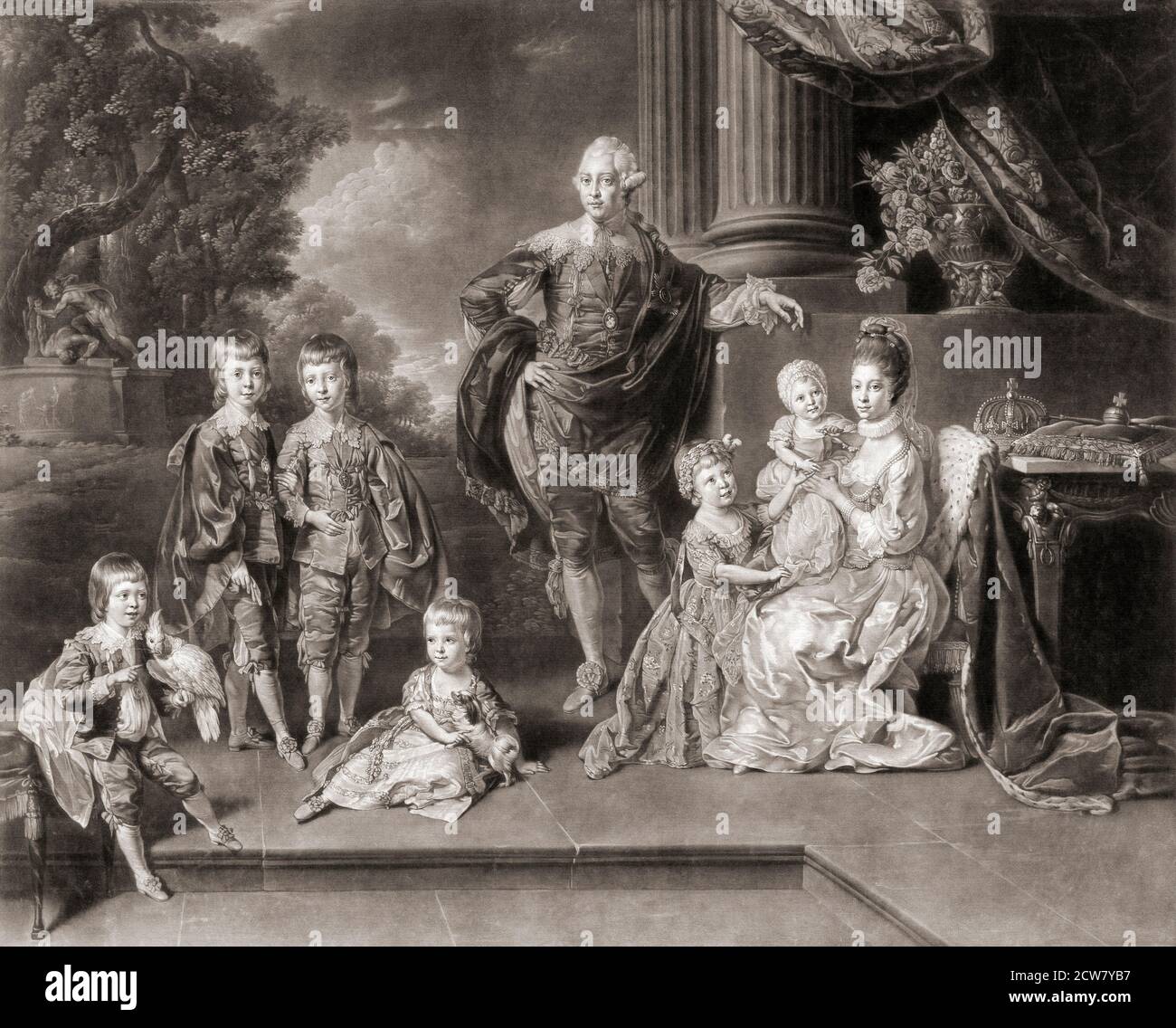 Portrait of King George III of England, his wife Queen Charlotte and their family in 1770.   On the far left, Prince William (holding a parrot) future King William IV of England, Prince George future King George IV of England, Prince Frederick, Prince Edward (seated on floor with dog), King George III, Princess Charlotte Augusta and Princess Sophia in the arms of her mother Queen Charlotte.  After an engraving by Richard Earlom from a painting by German artist  Johann Zoffany. Stock Photo