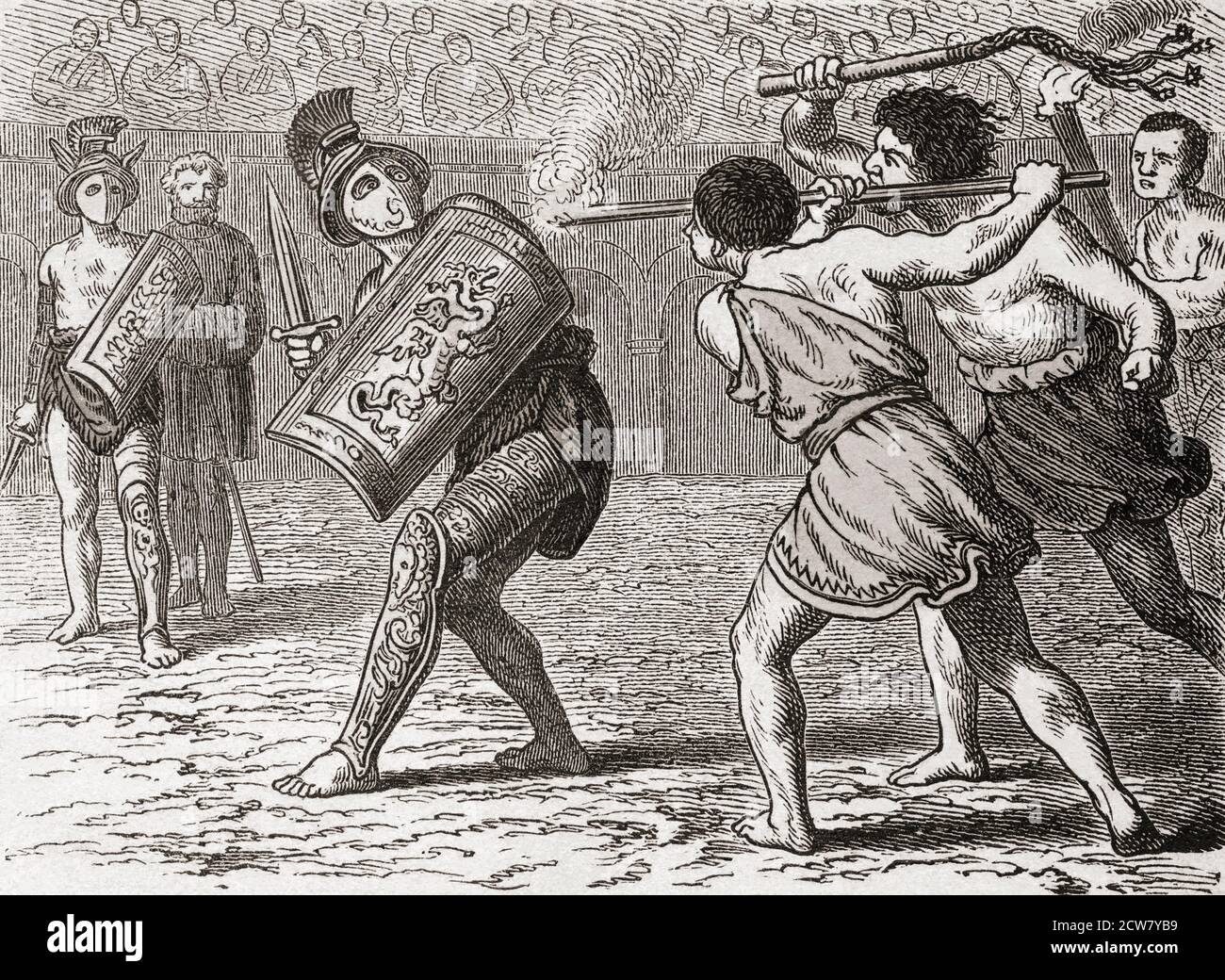 Gladiator goaded by whips to join combat.  After a mid-19th century illustration by an unidentified artist. Stock Photo