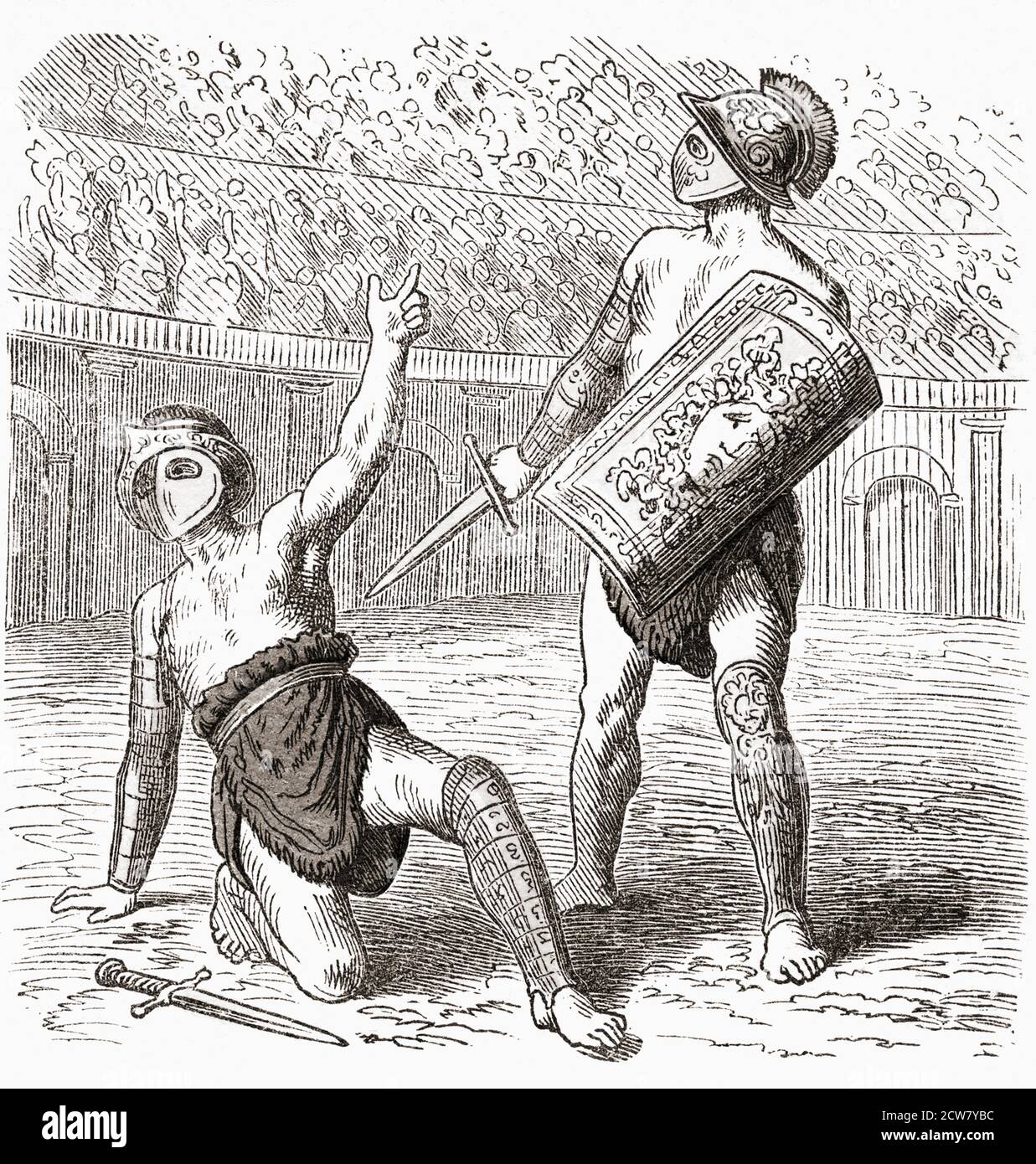 Defeated gladiator appeals to crowd for mercy.  After a mid-19th century illustration by an unidentified artist. Stock Photo