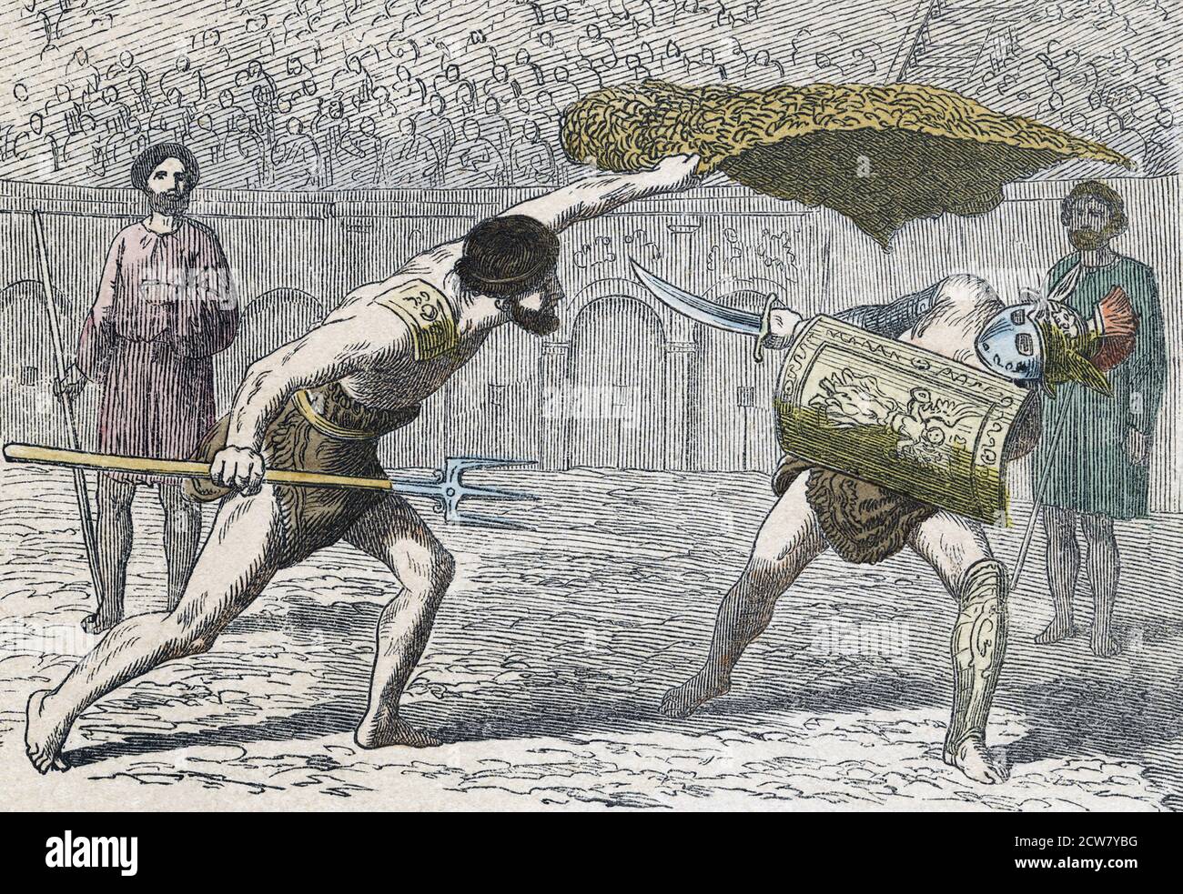 Gladiatorial combat between a Retiarius, or net man, on the left and a Samnite.  After a mid-19th century illustration by an unidentified artist. Stock Photo