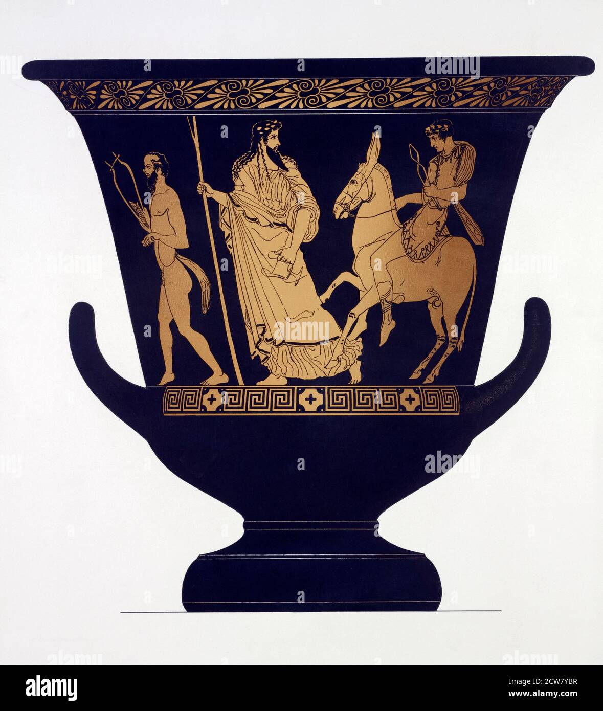 Greek vase.  Dionysus, the God of Wine and Hephaistus, the God of Fire led by a man with a lyre. After a work by 19th century German Greek vases scholar, Albert Genick. Stock Photo