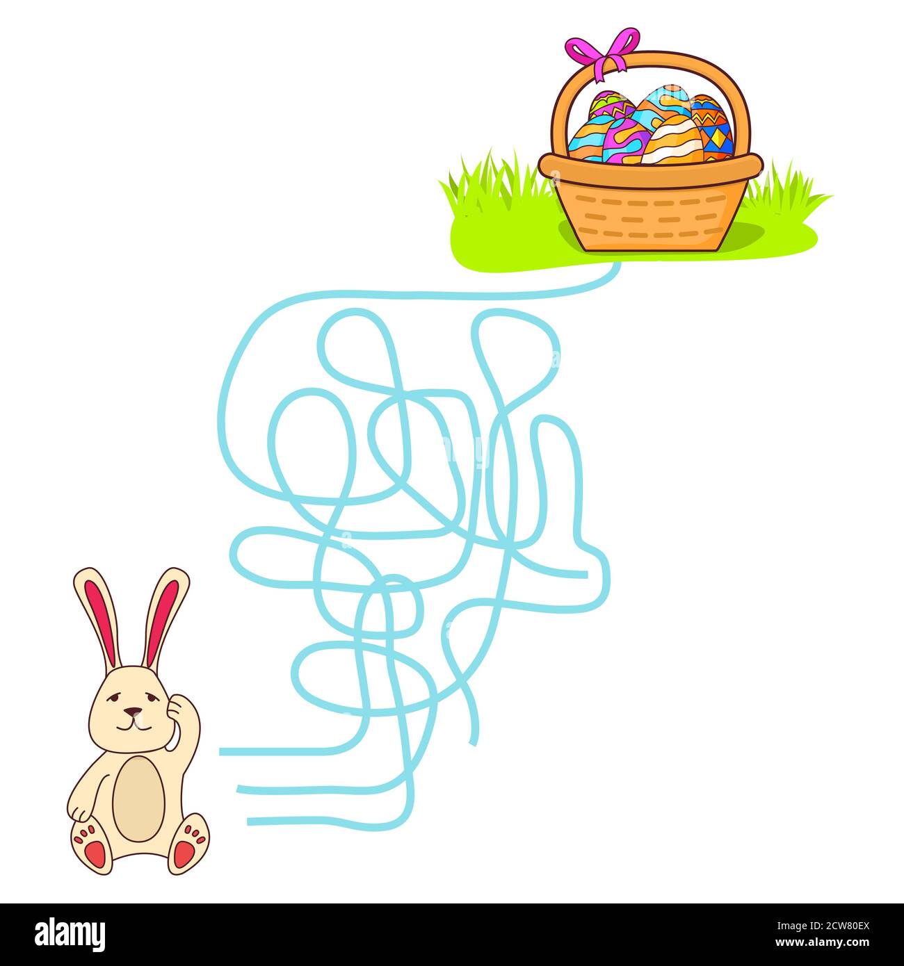 Maze game, education game for children.The easter rabbit search for basket eggs. Stock Vector