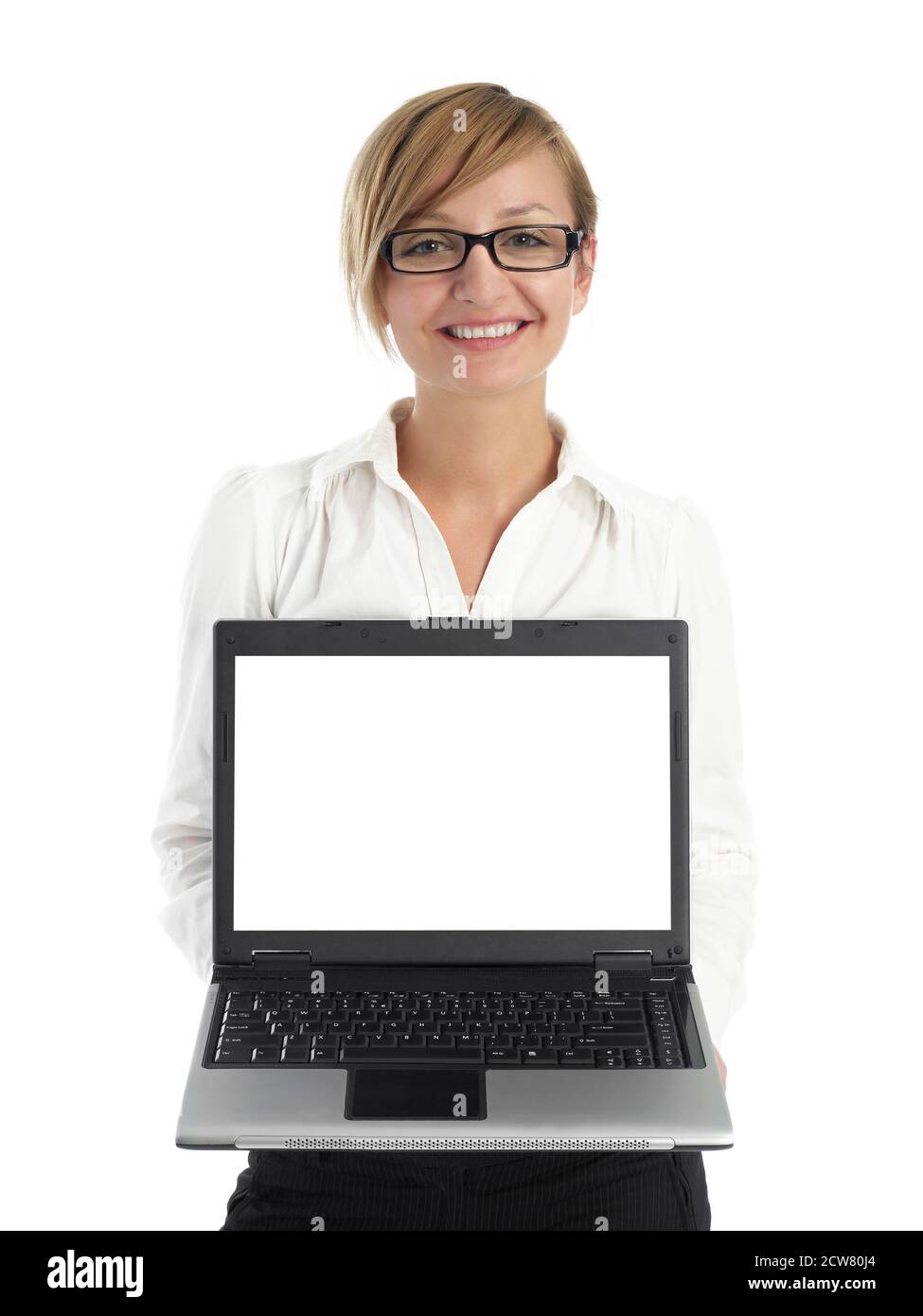 Person Showing Computer Women showing blank screen laptop computer hi-res stock photography and ...