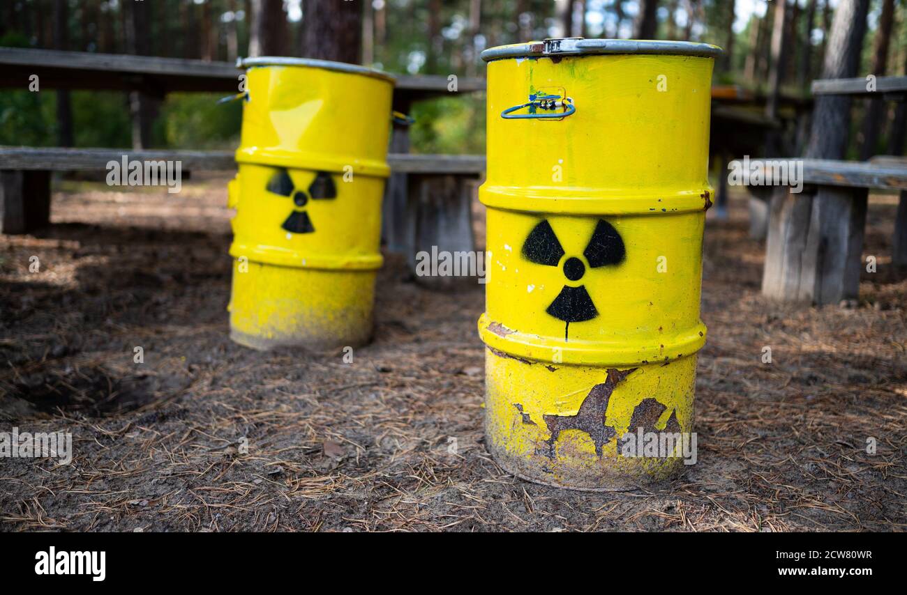 Gorleben, Germany. 28th Sep, 2020. Symbolic nuclear waste casks are located not far from the former Gorleben exploration mine in the forest. According to the findings of the Federal Agency for Final Disposal, 90 areas in Germany have favourable geological conditions for a nuclear waste repository. The Gorleben salt dome in Lower Saxony is not among them. Credit: Philipp Schulze/dpa/Alamy Live News Stock Photo
