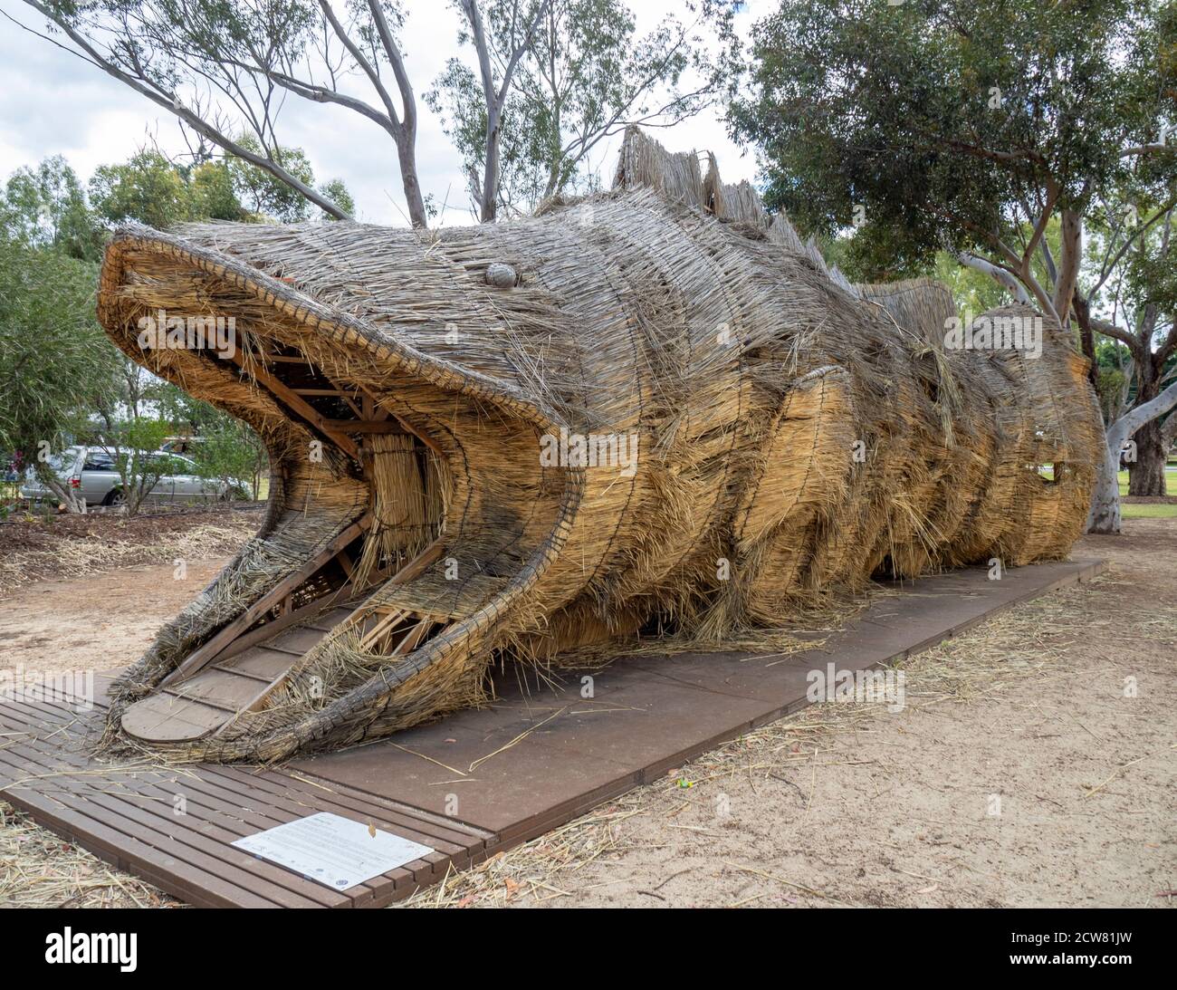 Wheat straw sculpture of Murray cod designed by Shingo Miyajima and Masaharu Noguchi Wara art trail York Western Australia. Stock Photo