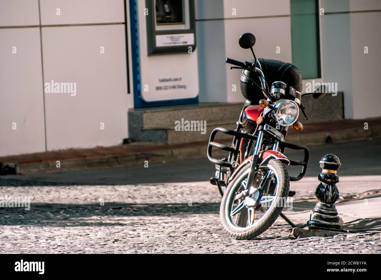 Kirklareli, Turkey-27.09.20-A motorcycle parked on a pavement street. High quality photo Stock Photo