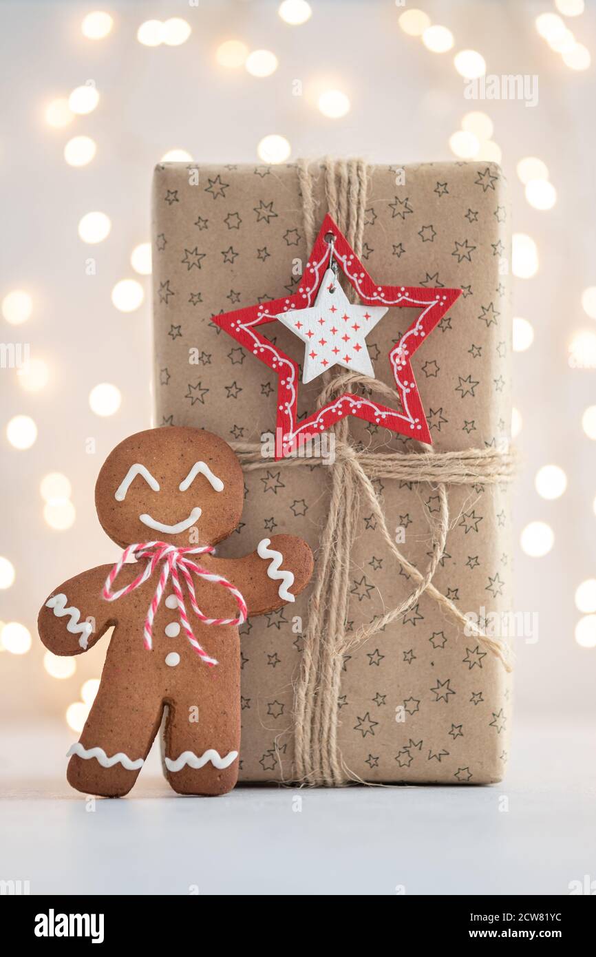 Gingerbread Man and Gift Box Stock Photo