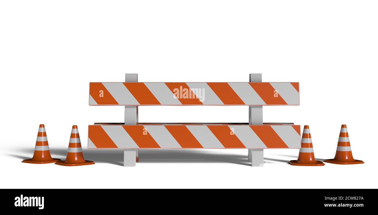 Street barrier and traffic cones isolated on white background. Construction safety, road work in progress. 3d illustration Stock Photo