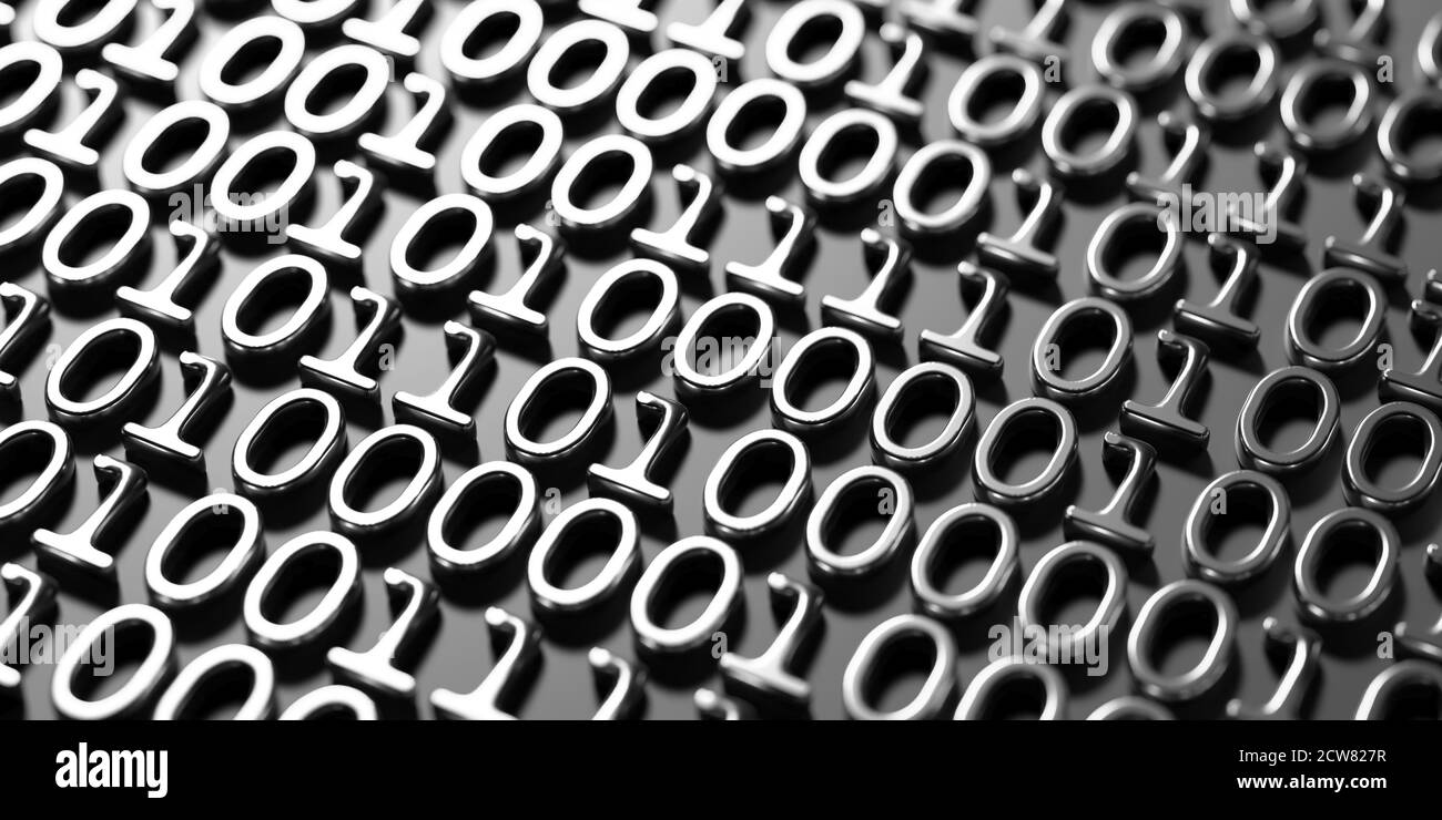 Binary code abstract technology background. Digital data matrix pattern, silver numbers 0 and 1 embossed on black. 3d illustration Stock Photo