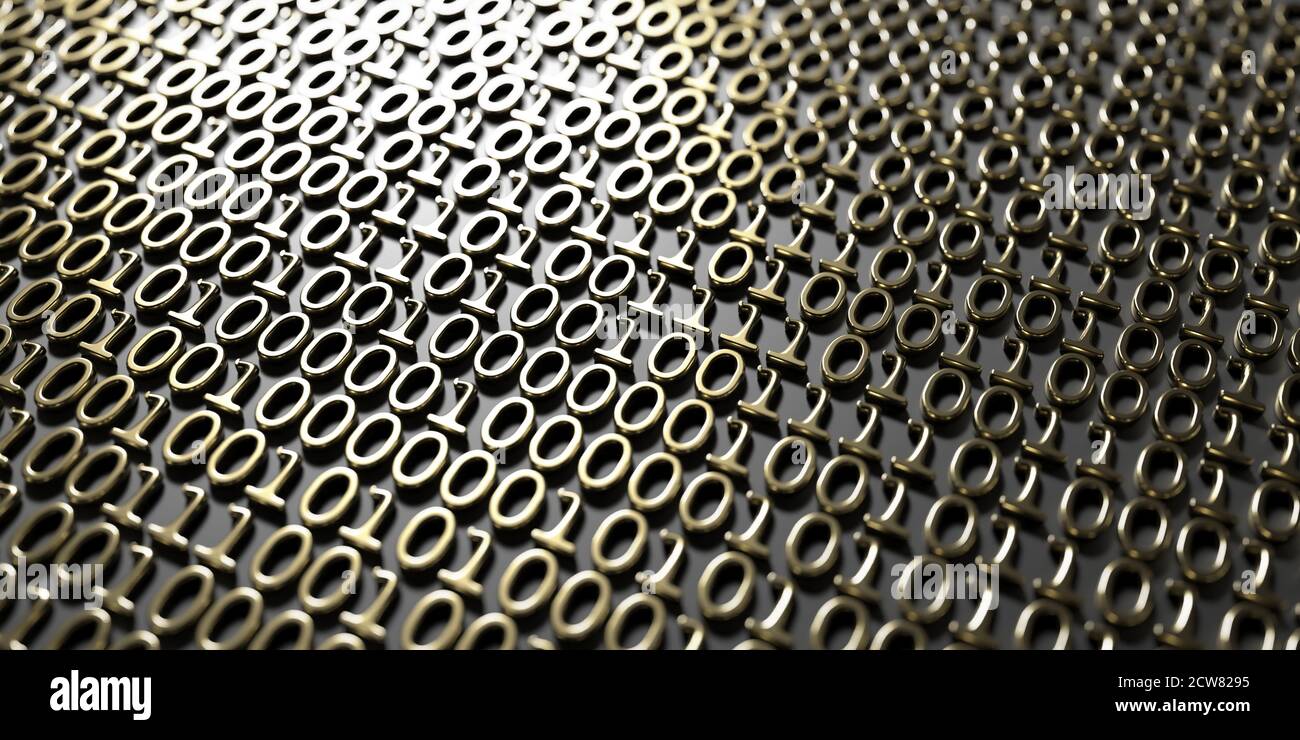 Binary code abstract technology background. Digital data matrix pattern, gold numbers 0 and 1 embossed on black. 3d illustration Stock Photo