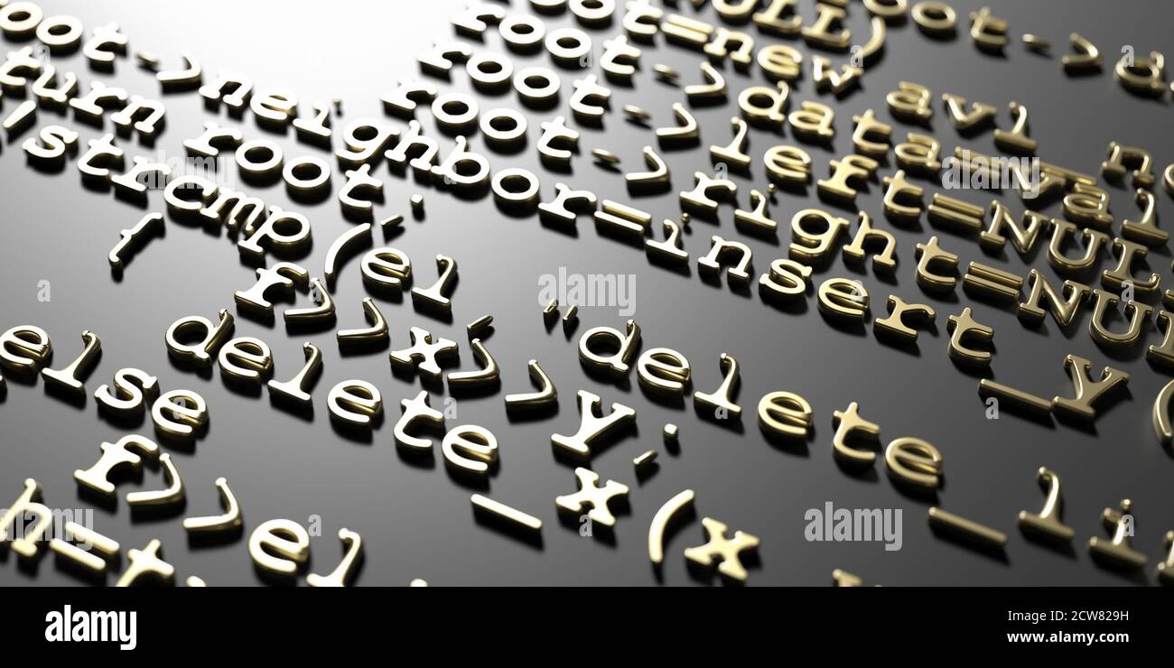 Software develop programming code. Abstract computer technology background. Digital data matrix pattern, gold algorithms embossed on black. 3d illustr Stock Photo
