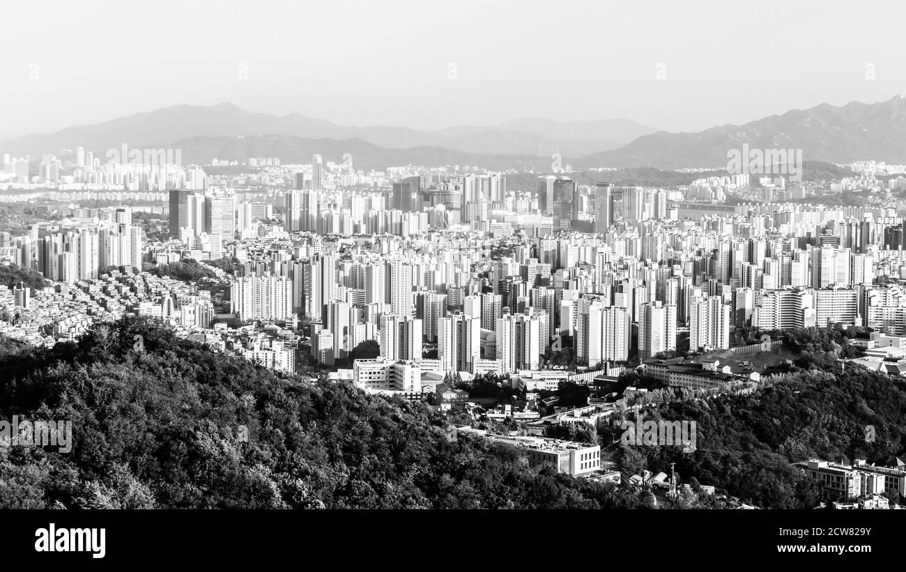Black and white beautiful view of Seoul from the mountain, South