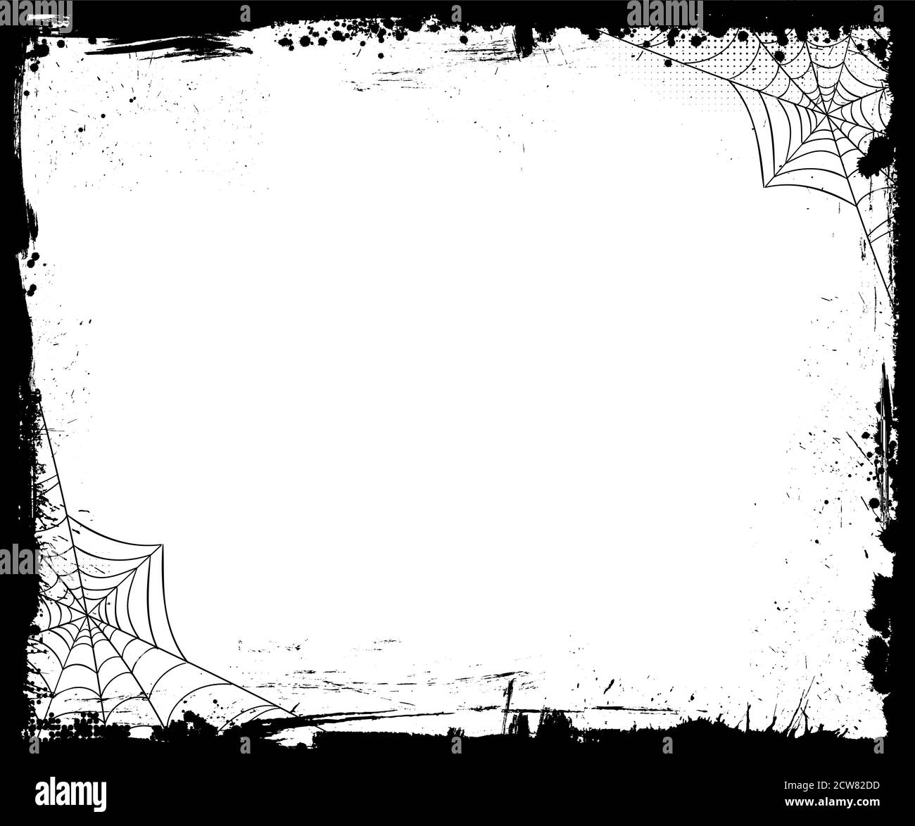 The Vector Halloween blank medium rectangle banner size template background with orange grunge border, spider web Stock Vector