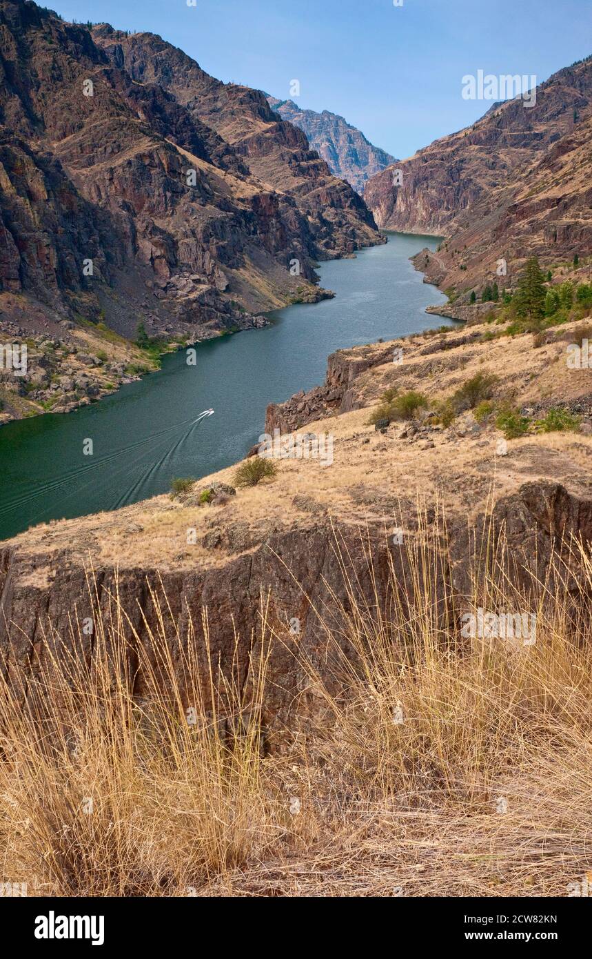 Boat at Hells Canyon Reservoir on Snake River, view from Black Point