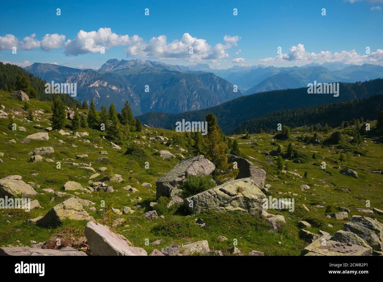 Panoramic view of trentino dolomites during sunny day of july, Italy Stock Photo