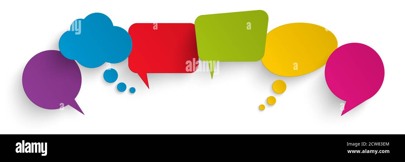illustration of six colored speech bubbles with shadow looking like ...
