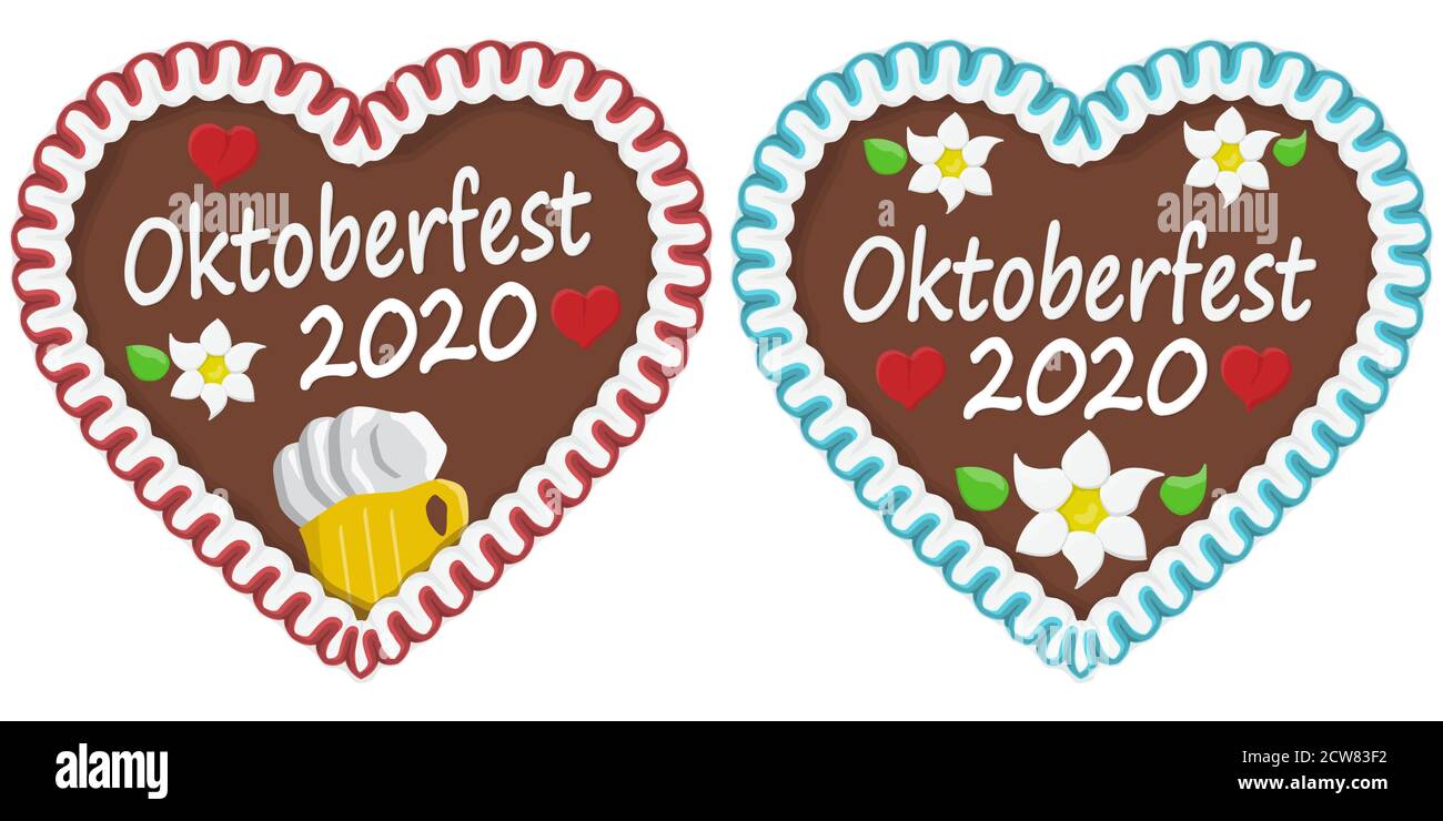 illustrated gingerbread hearts with text in german for Oktoberfest 2020 2021 time Stock Vector
