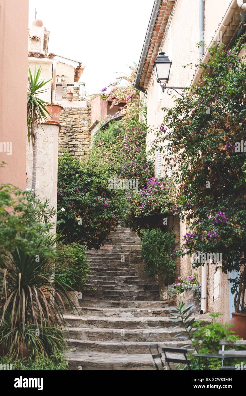 Vertical shot of a beautiful narrow street with stairs Stock Photo - Alamy