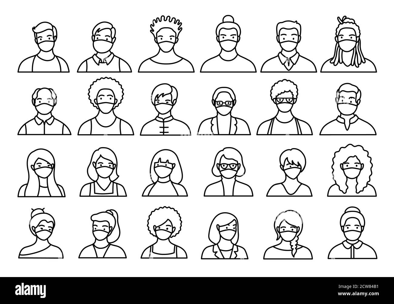 Contour set of persons, avatars, people heads of different ethnicity and age in flat style. Multi nationality social networks line people faces Stock Vector