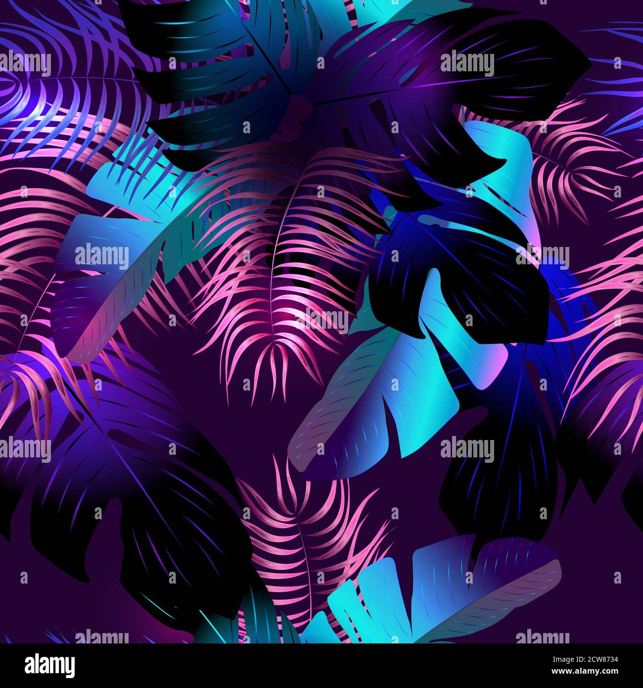 Neon tropical seamless pattern with palm leaves. Stock Vector