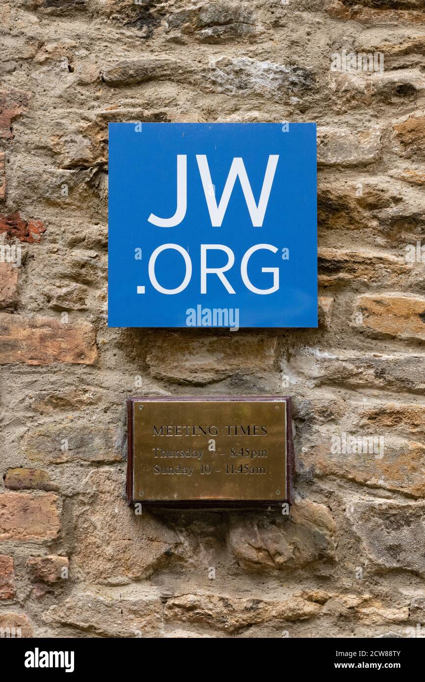 Jehovahs Witnesses website address sign on the Kingdom Hall of Jehovahs Witnesses, Richmond, North Yorkshire, England, UK Stock Photo