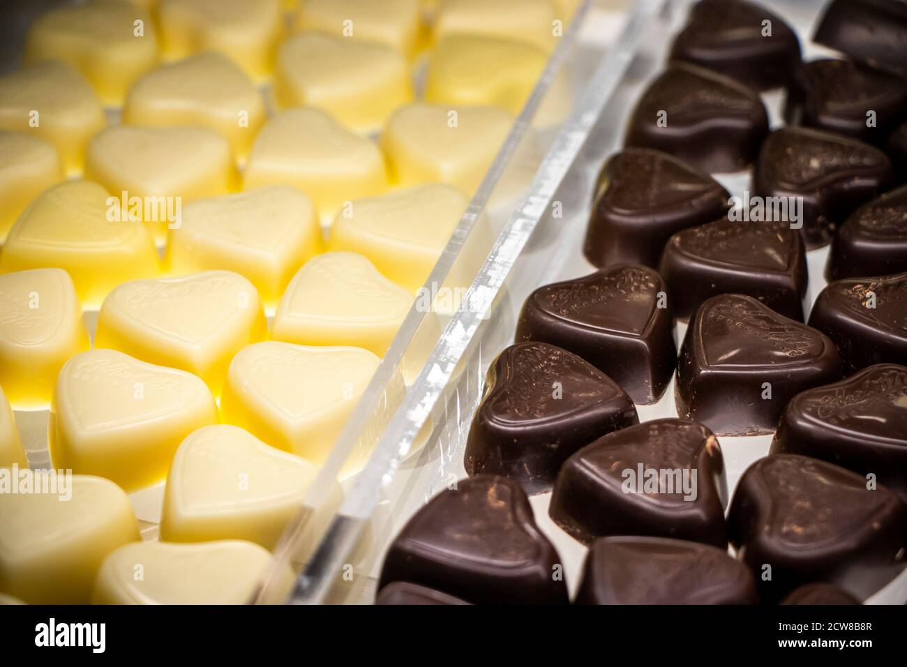 Las Vegas, US - 2020 :various chocolate pralines. shallow depth of field. Captured in Ethel M Chocolate Factory. Sweet, Happy, Fat, Holiday, valentine Stock Photo