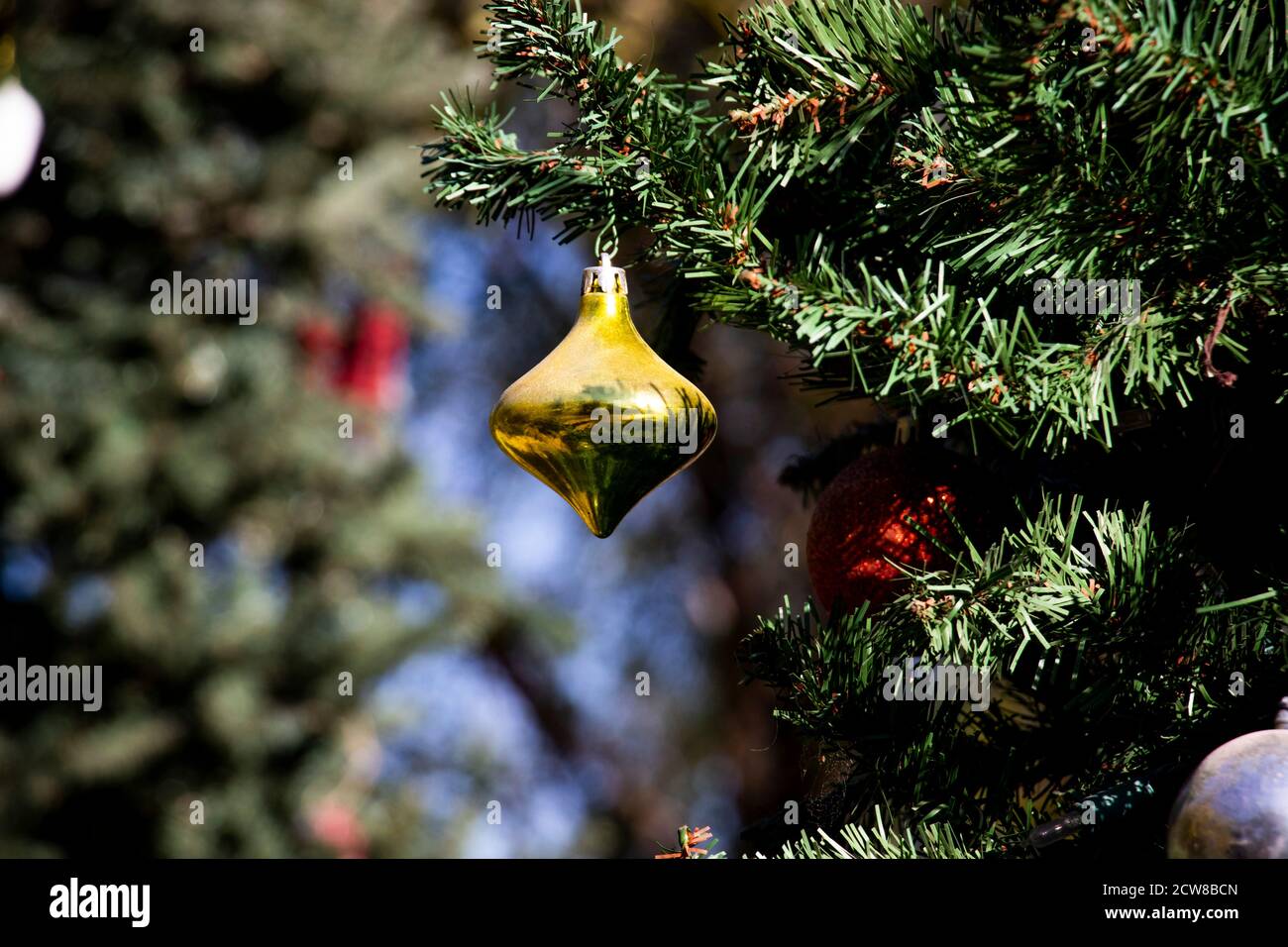 Decorated Christmas tree on blurred background. X'mas, happy holiday, decoration concepts. Shallow depth of field. Stock Photo